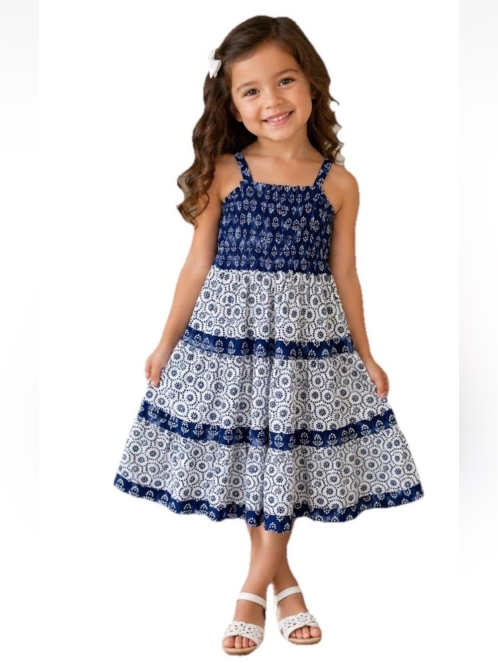Paisley Lane Girls Floral Summer Sun Dress Size 8 Smocked Lined Blue Casual Play